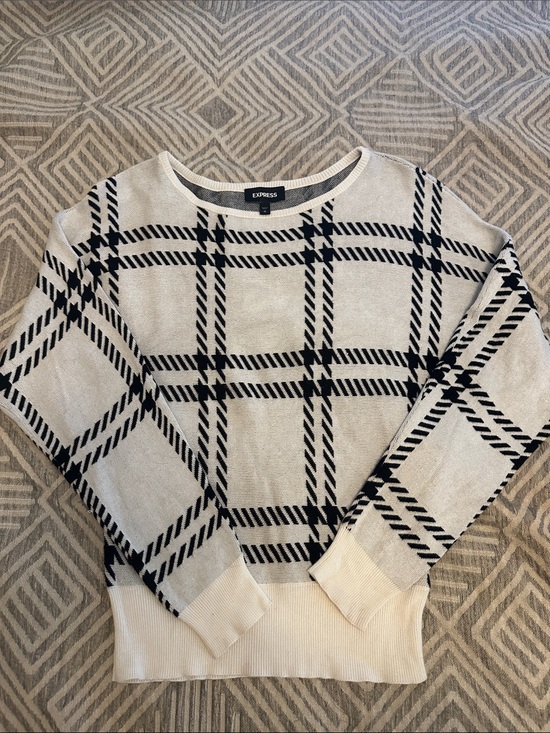 Express Sweaters - Express Cream and Black Plaid Crewneck Sweater